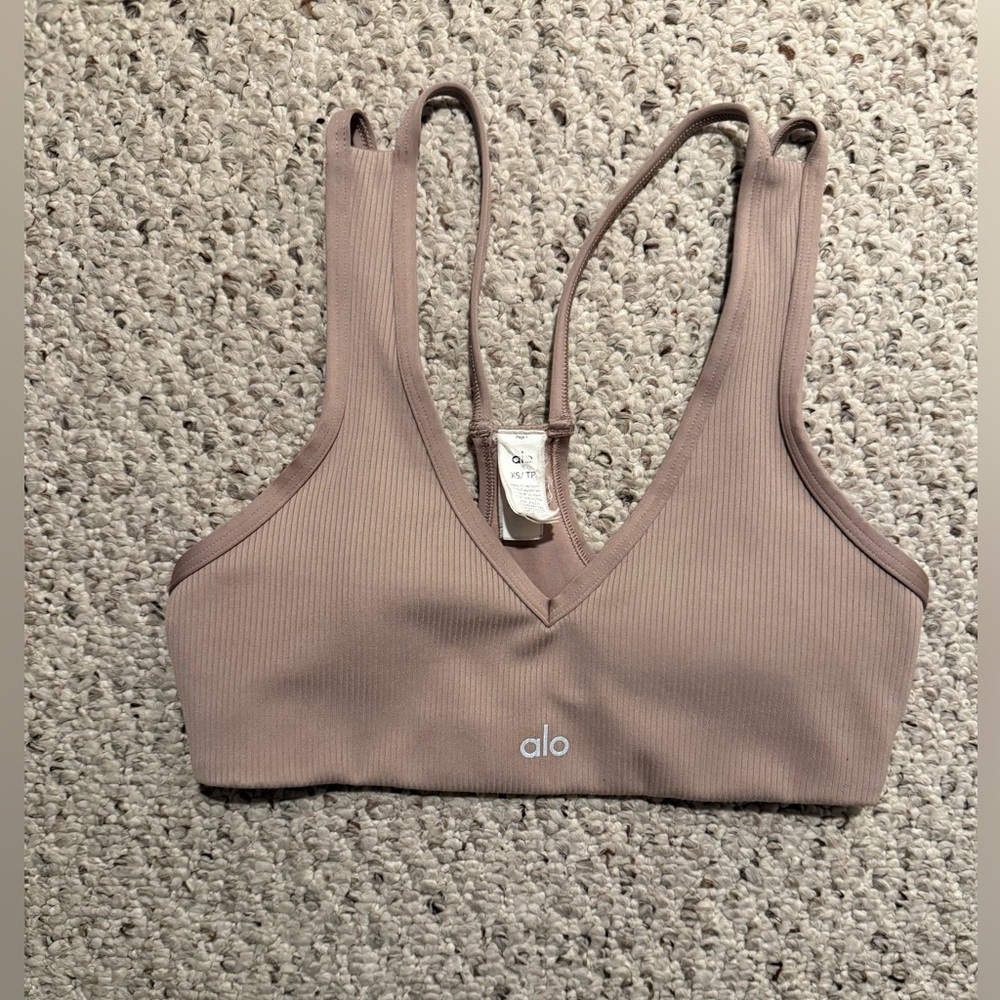 ALO Yoga Ribbed V-Neck Sports Bralette in Taupe